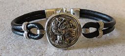 Athena Coin Bracelet with black leather band