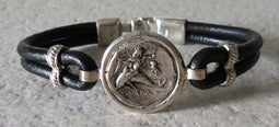 Greek Coin Bracelet with black leather band